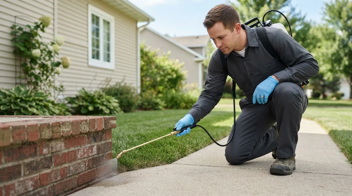Pest control technician treating a home near Farmersville, TX