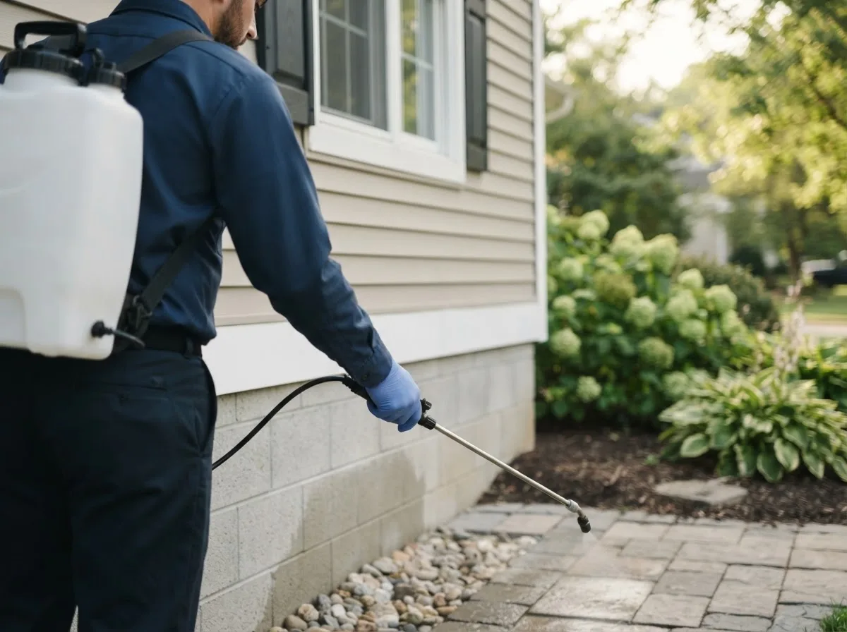 Pest control technician inspecting a home in Farmersville, TX
